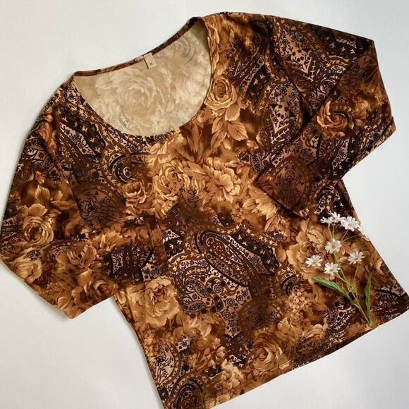 Vintage y2k brown boho whimsical earthy floral paisley 3/4 sleeve top size M - Picture 1 of 7